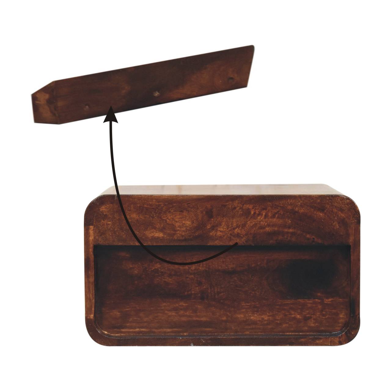 Curved California Walnut Wall Mounted Bedside with Open Slot | Solid Mango Wood