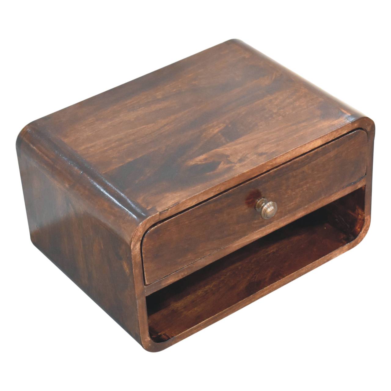 Curved California Walnut Wall Mounted Bedside with Open Slot | Solid Mango Wood