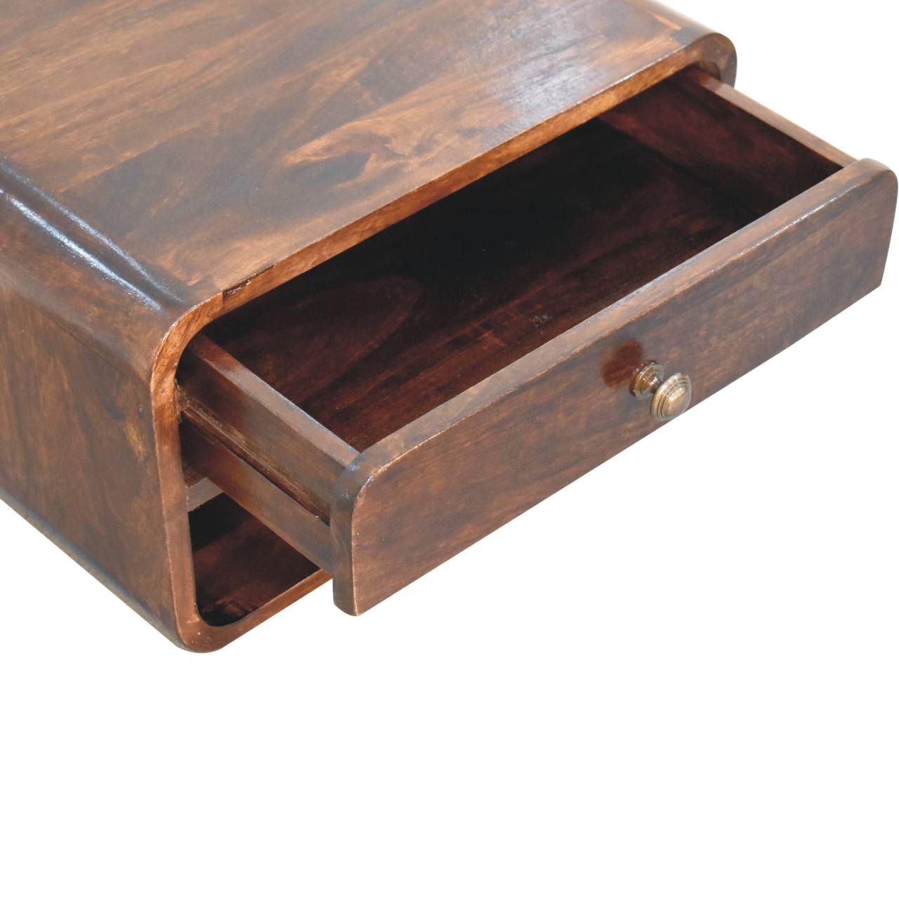 Curved California Walnut Wall Mounted Bedside with Open Slot | Solid Mango Wood