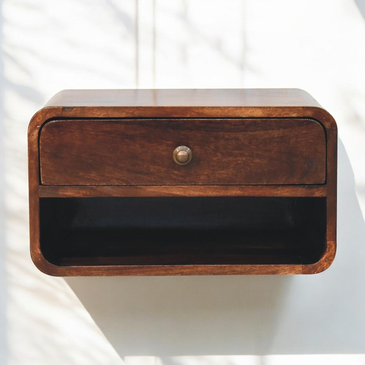 Curved California Walnut Wall Mounted Bedside with Open Slot