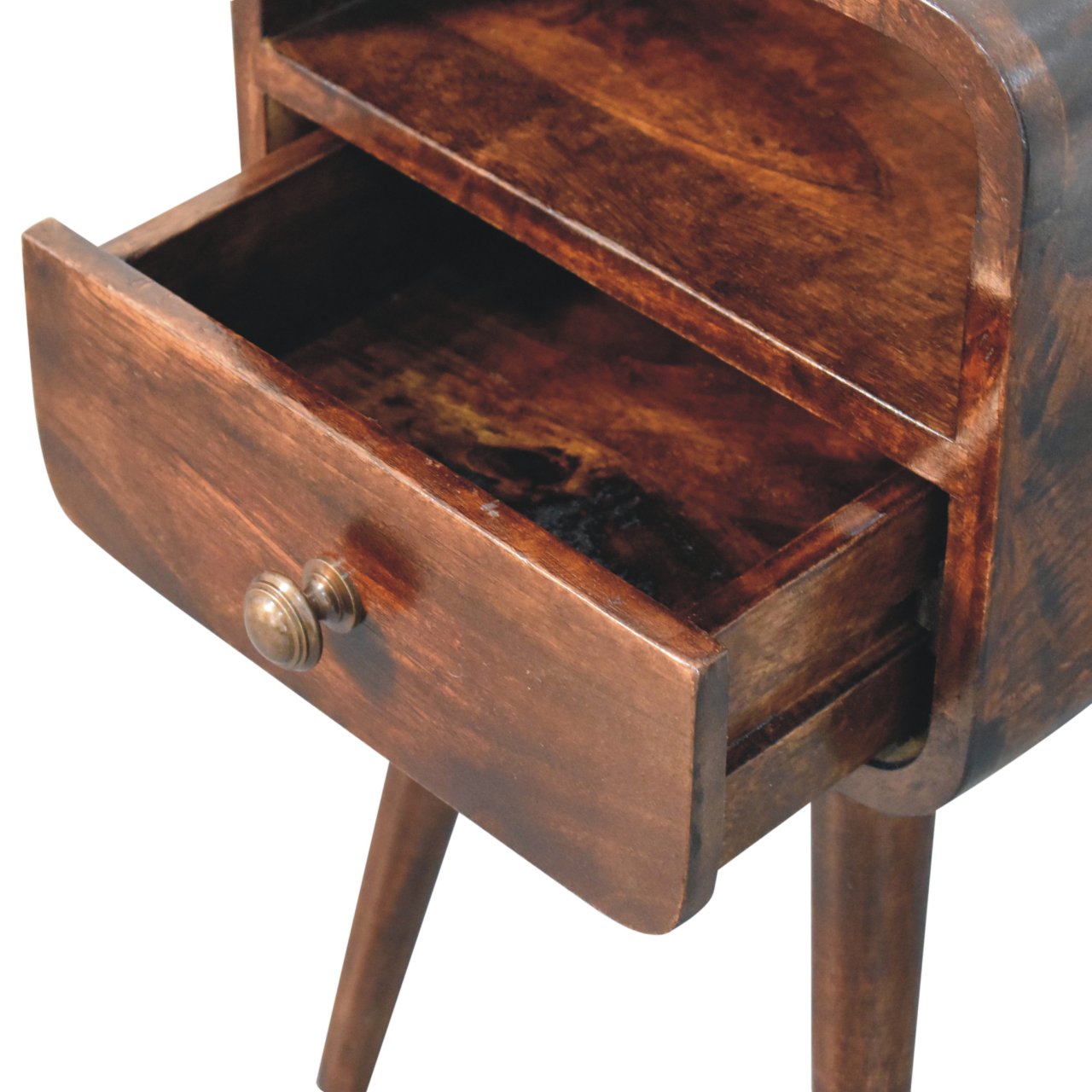 Mini California Walnut Curved Bedside with Open Slot Bedside Table