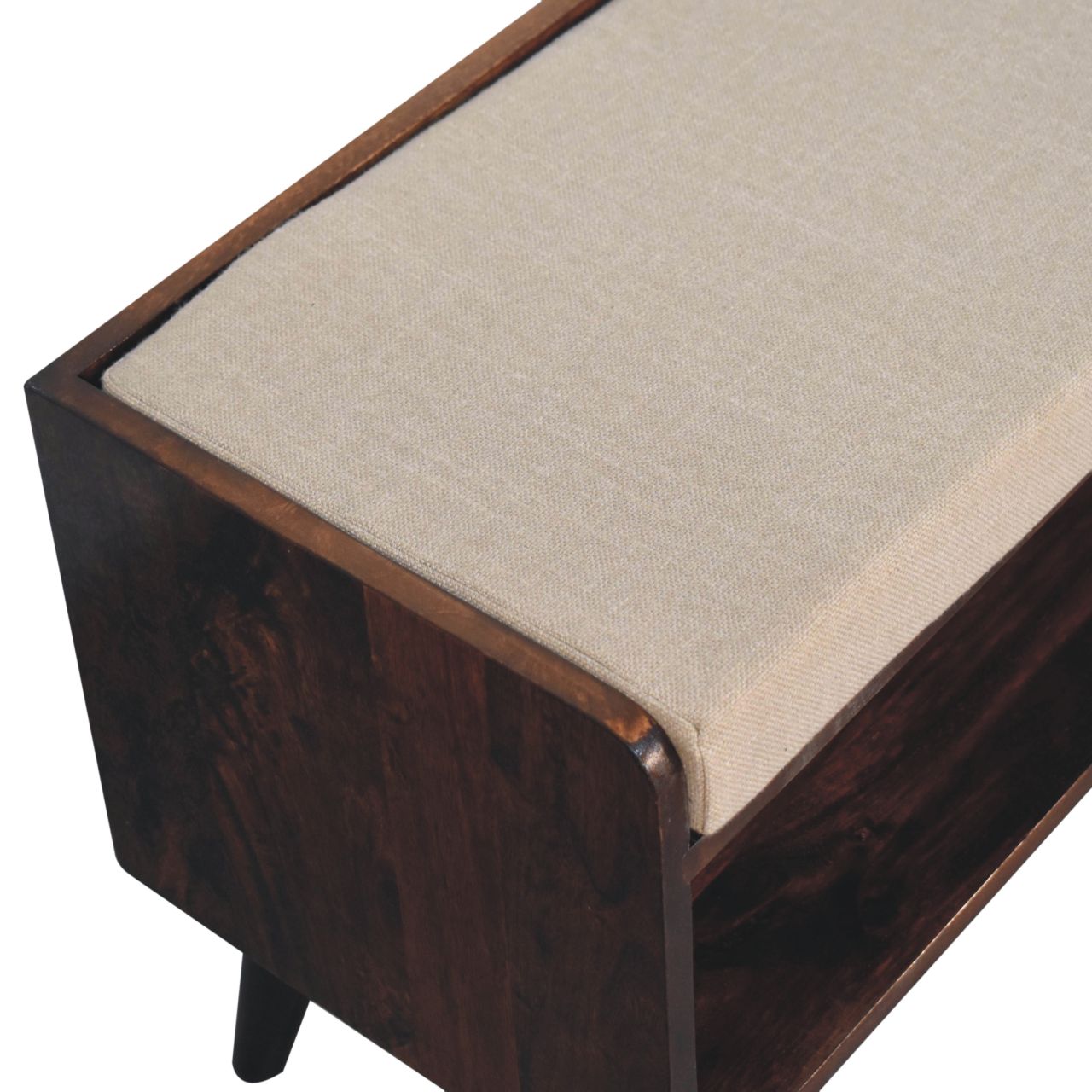 California Walnut bench with mud linen seat pad | Tweed