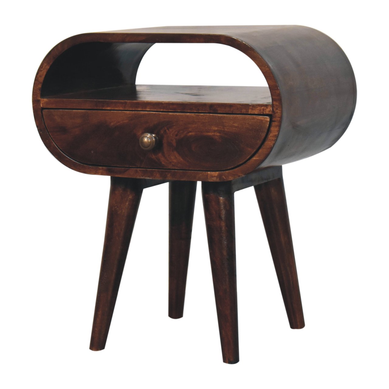 California Walnut Circular Bedside with Open Slot Bedside Table