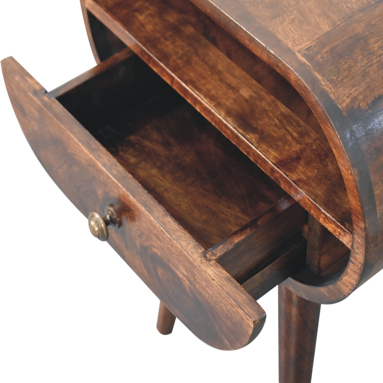 California Walnut Circular Bedside with Open Slot Bedside Table