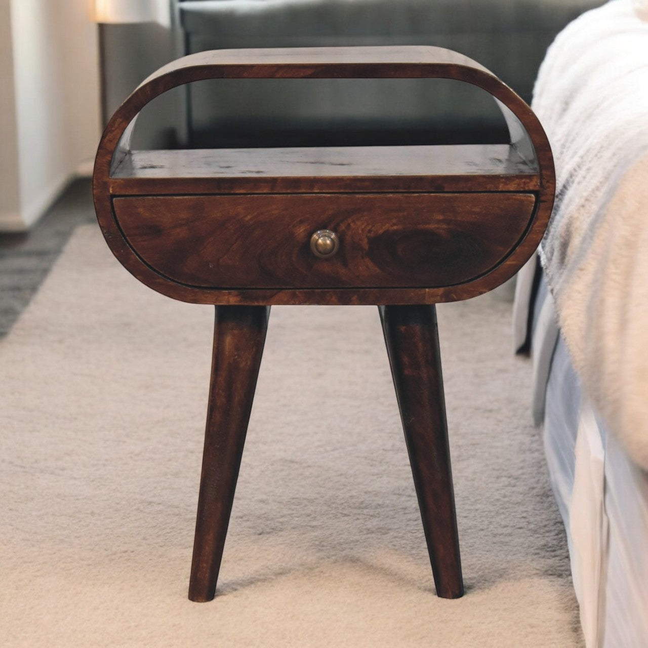 California Walnut Circular Bedside with Open Slot Bedside Table