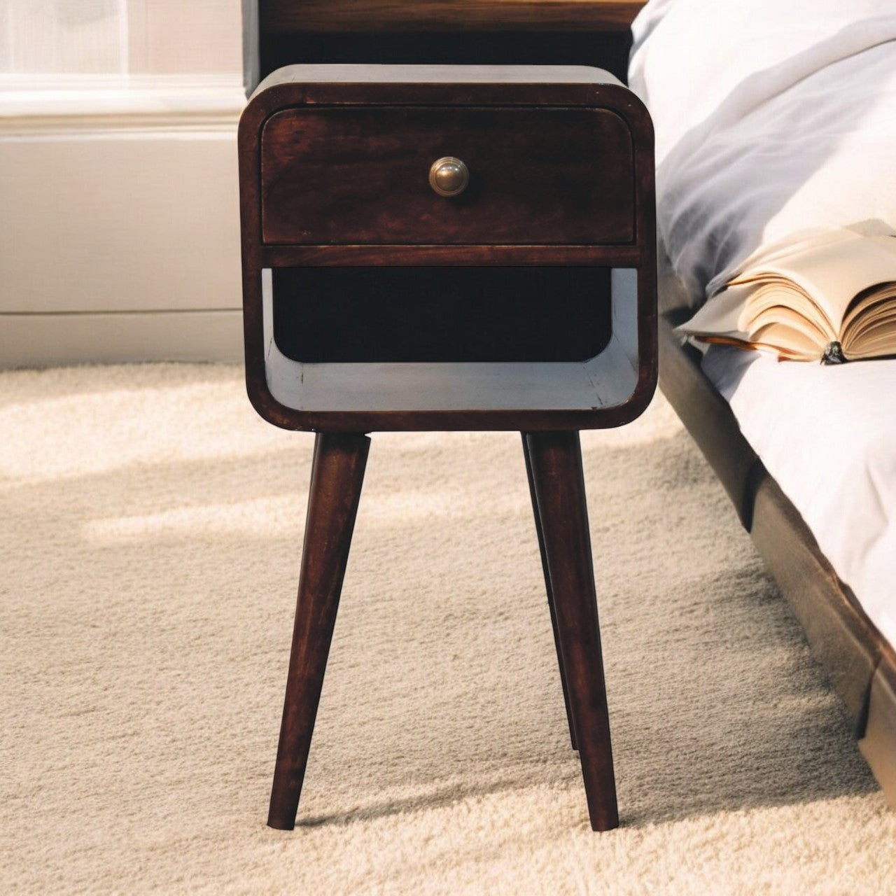 Mini California Walnut Curved Bedside with Lower Slot Bedside Table
