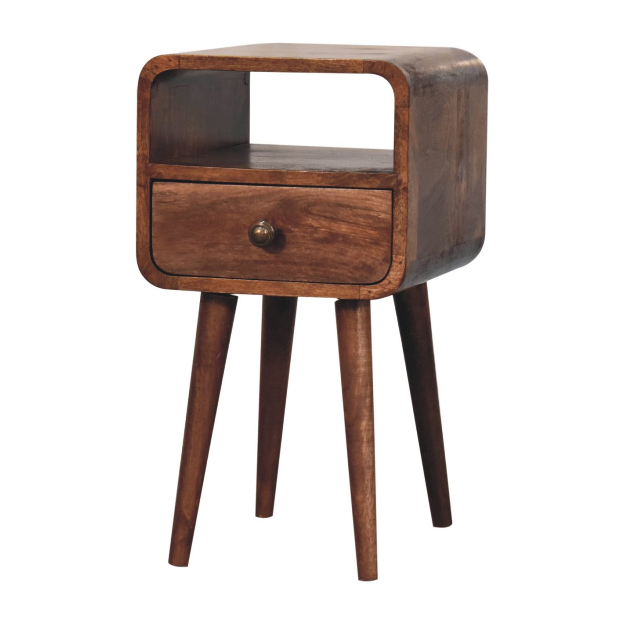 Mini Honey Caramel Curved Bedside with Open Slot Bedside Table