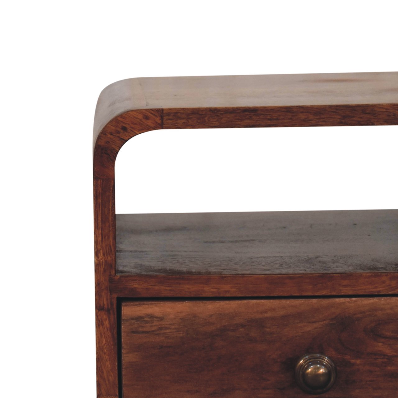 Mini Honey Caramel Curved Bedside with Open Slot Bedside Table