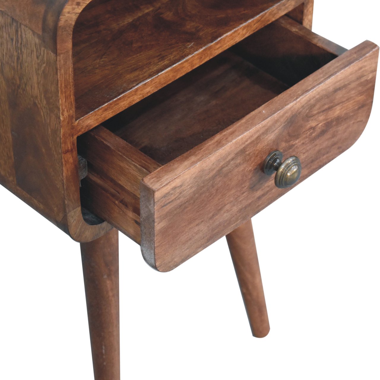 Mini Honey Caramel Curved Bedside with Open Slot Bedside Table