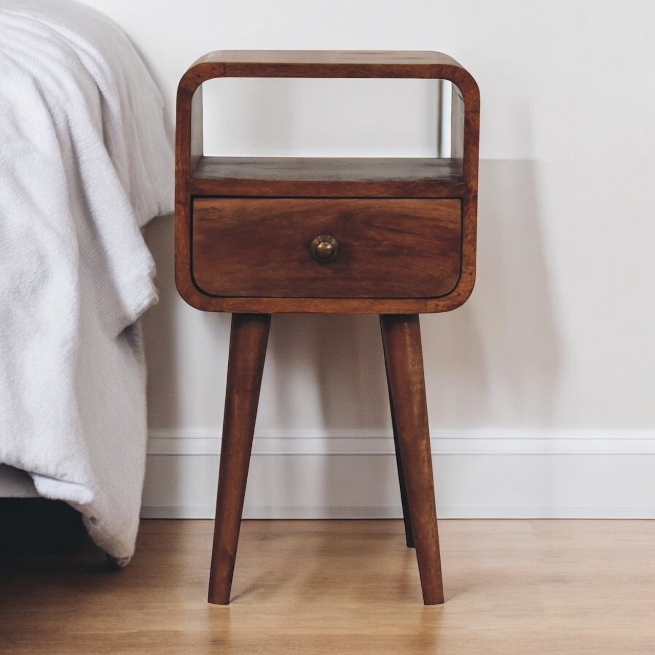 Mini Honey Caramel Curved Bedside with Open Slot Bedside Table