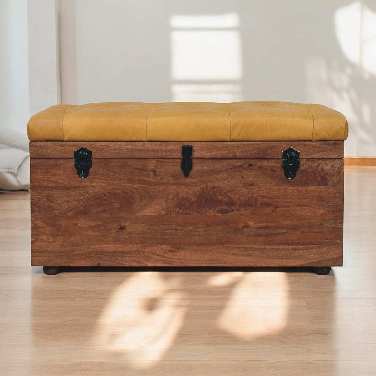 Buffalo Hide Honey Caramel Storage Trunk Storage Bench | Hidden Storage