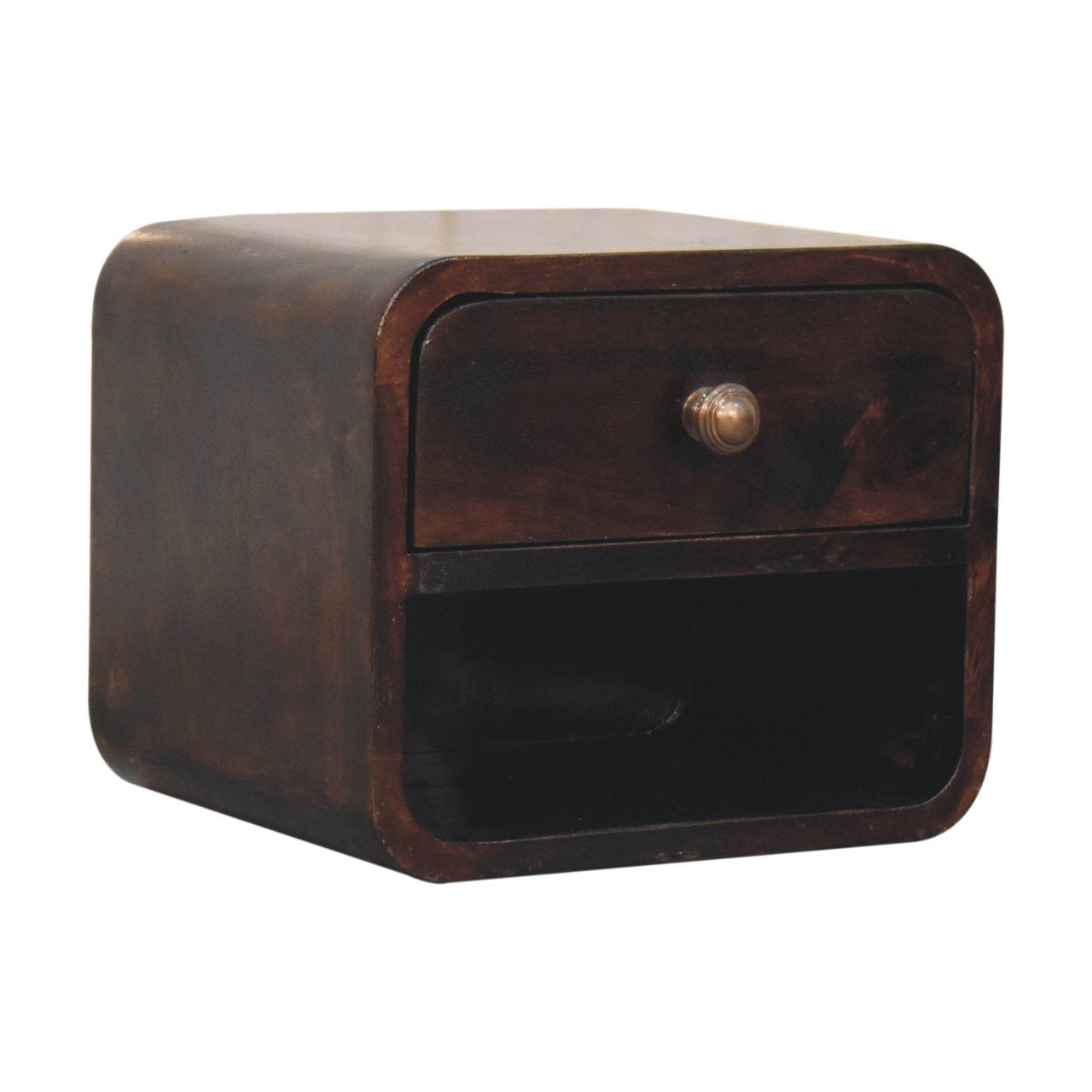 Mini Curved California Walnut Wall Mounted Bedside with Open Slot | Mango Wood
