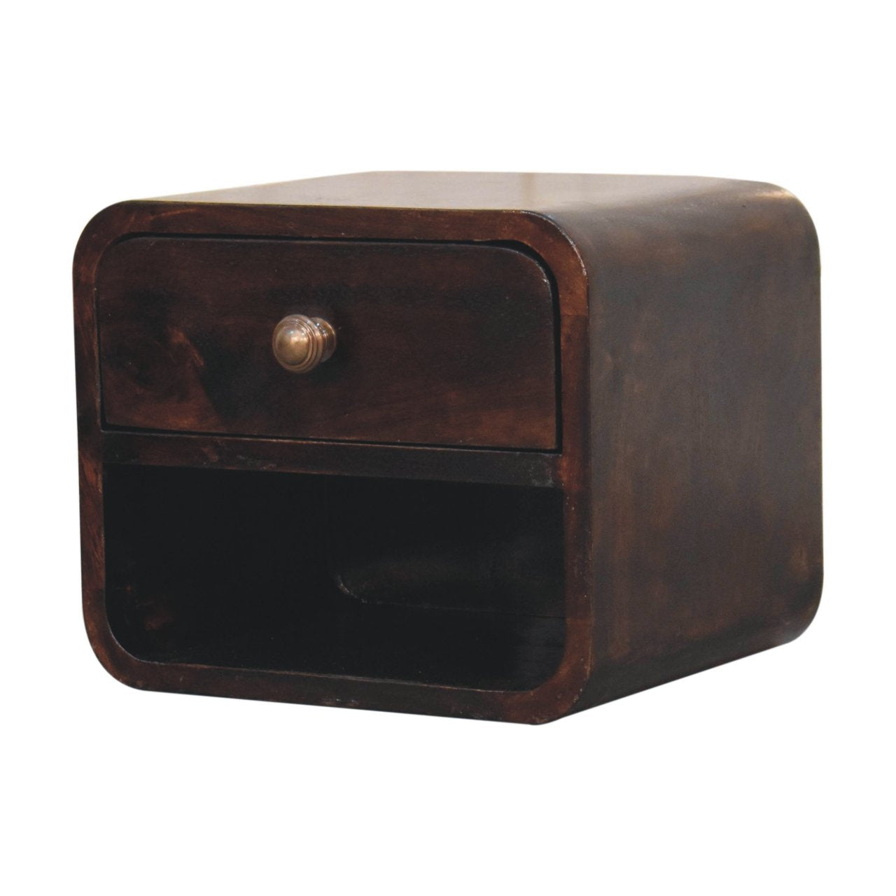 Mini Curved California Walnut Wall Mounted Bedside with Open Slot | Mango Wood