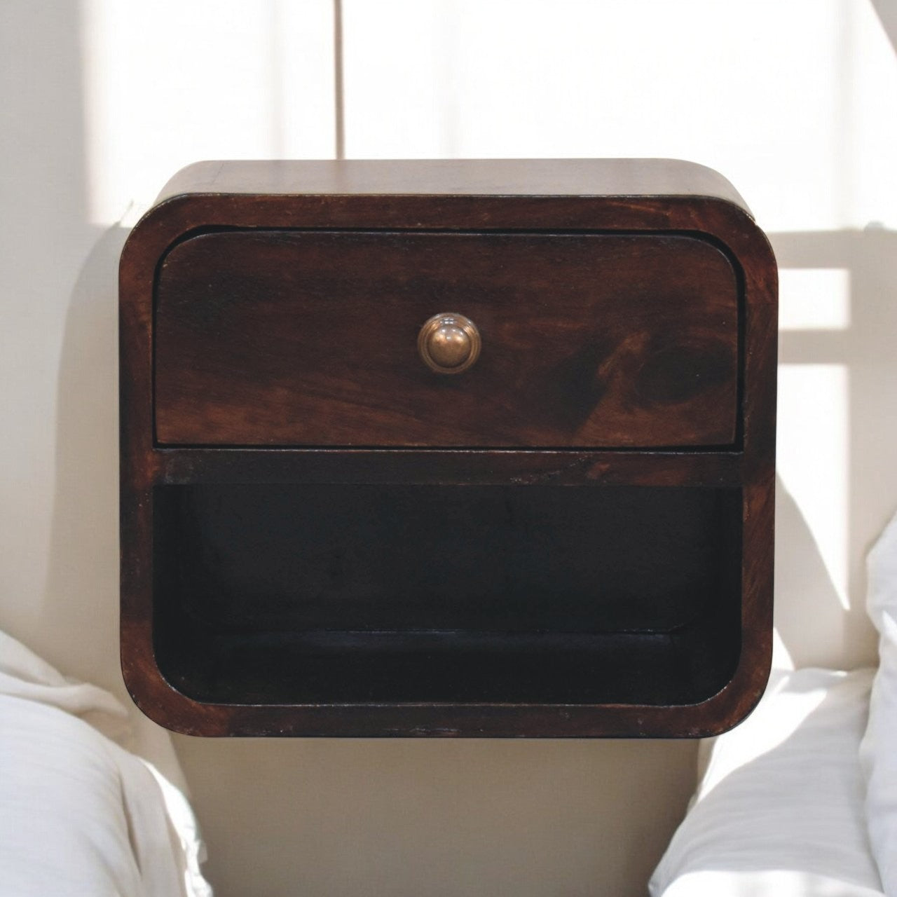 Mini Curved California Walnut Wall Mounted Bedside with Open Slot | Mango Wood