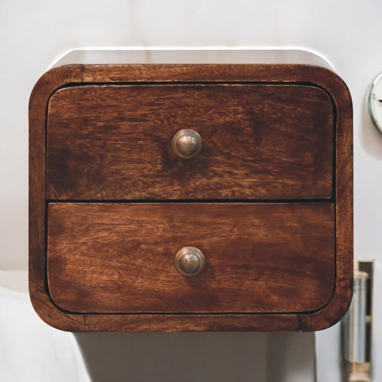 Mini Curved California Walnut Wall Mounted Bedside Table | Wall-Mounted