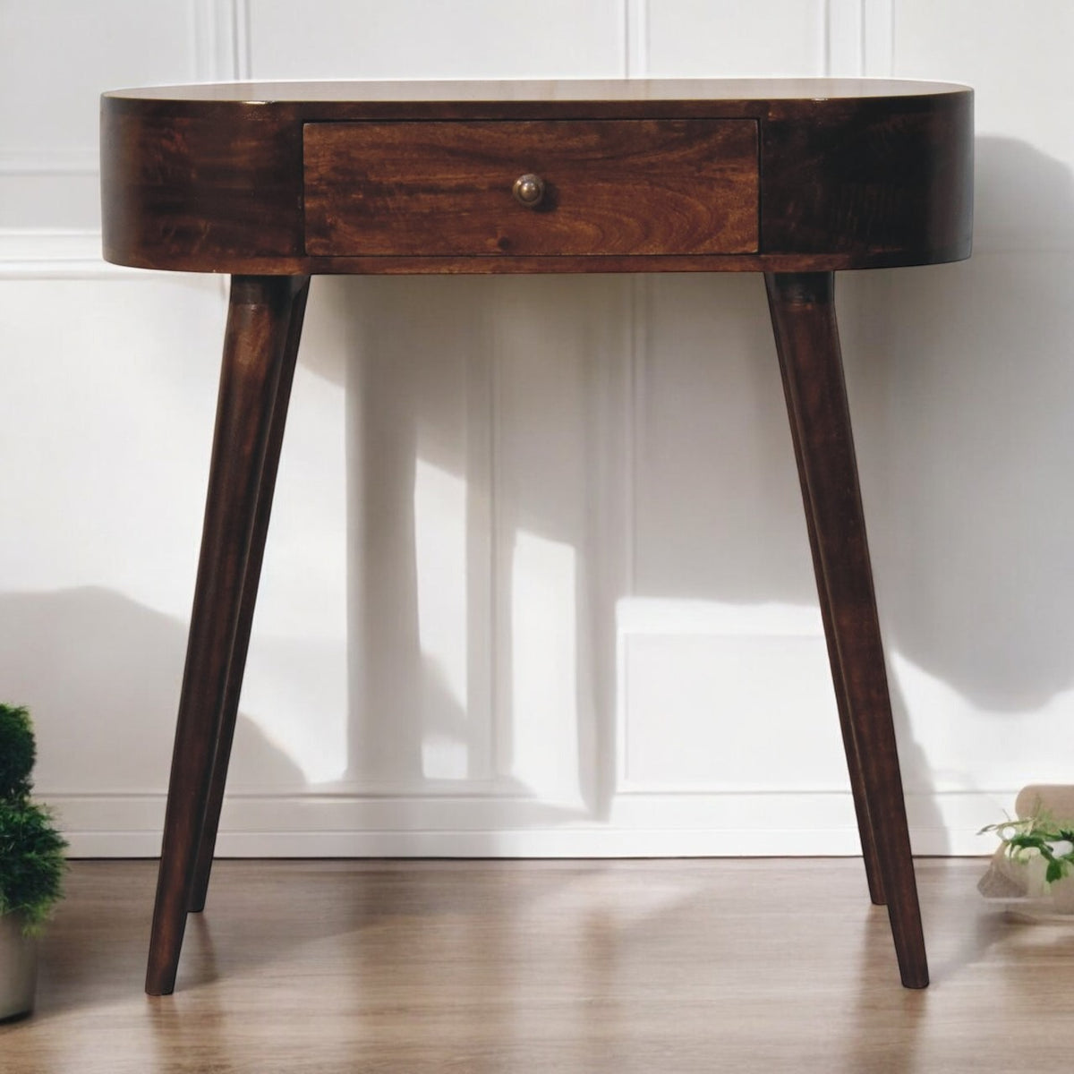 California Walnut Rounded Small Console Table | Honey Caramel Solid Mango Wood