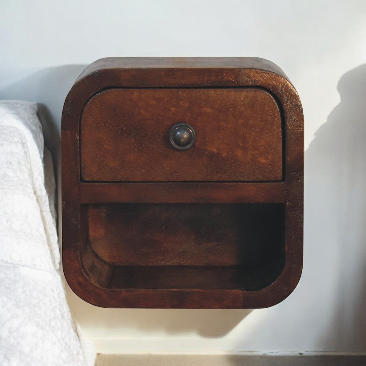 Extra Mini Curved Chestnut Bedside with Open Slot Bedside Table