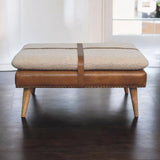 Large Square Bouclé Buffalo Hide Brown Leather Footstool
