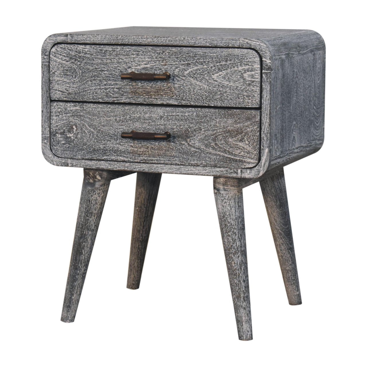 Sandblasted Ash Curved Bedside Table | Brass Solid Mango Wood