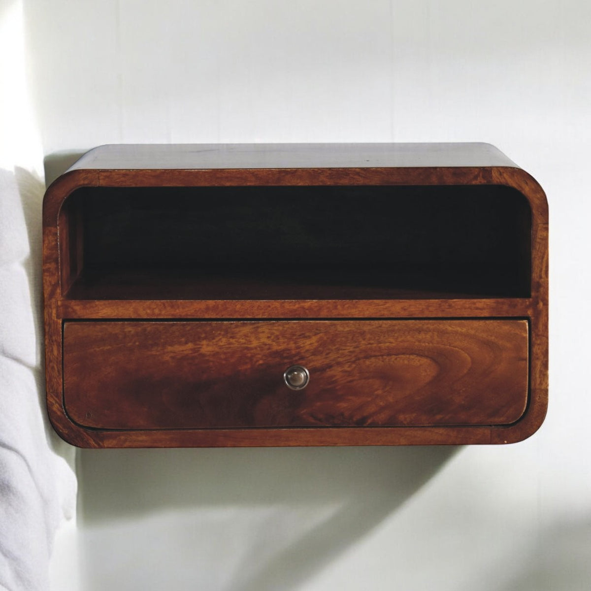 Large Chestnut Curve Upper Slot Floating Bedside Table