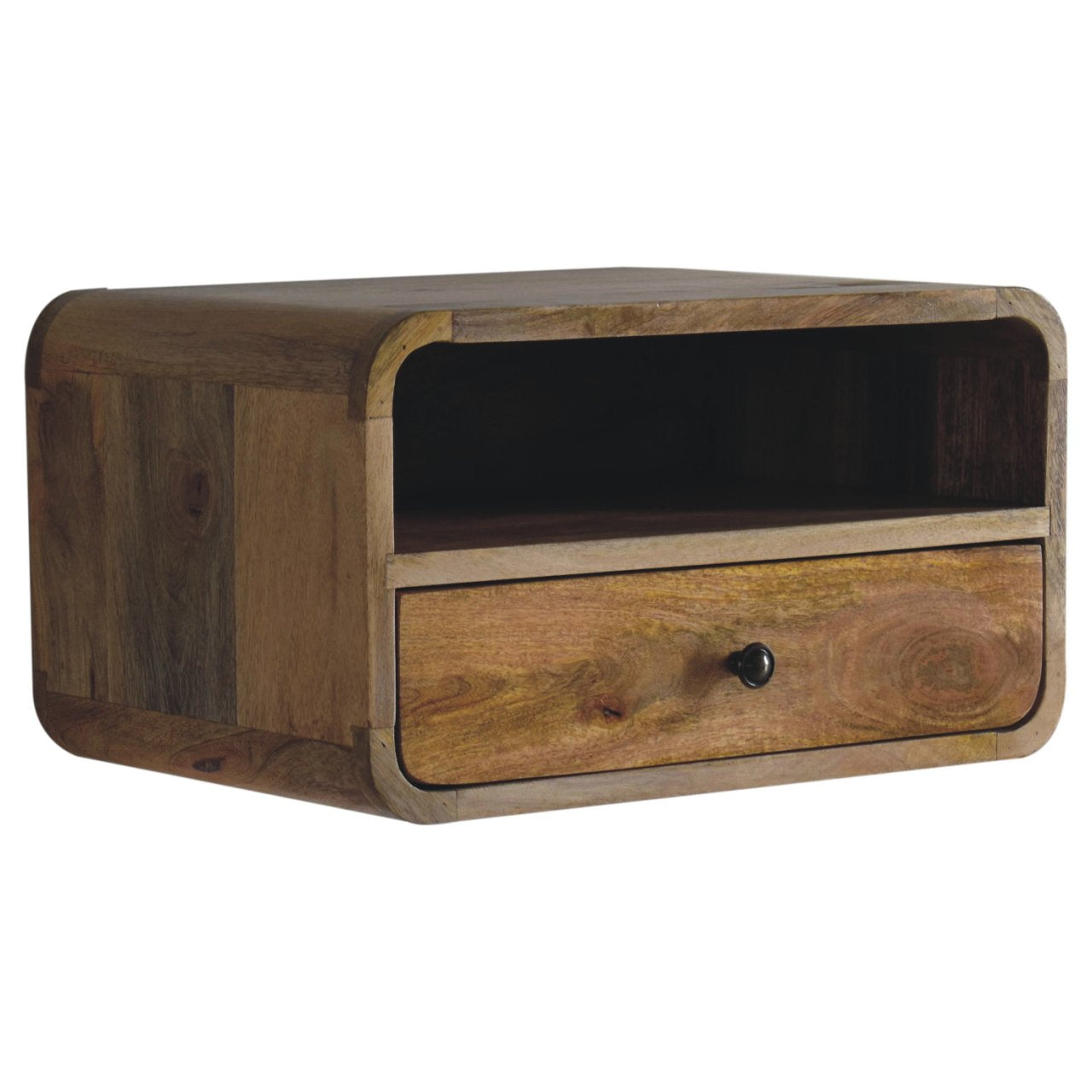 Large Oak-ish Curve Upper Slot Floating Bedside Table | Wall-Mounted