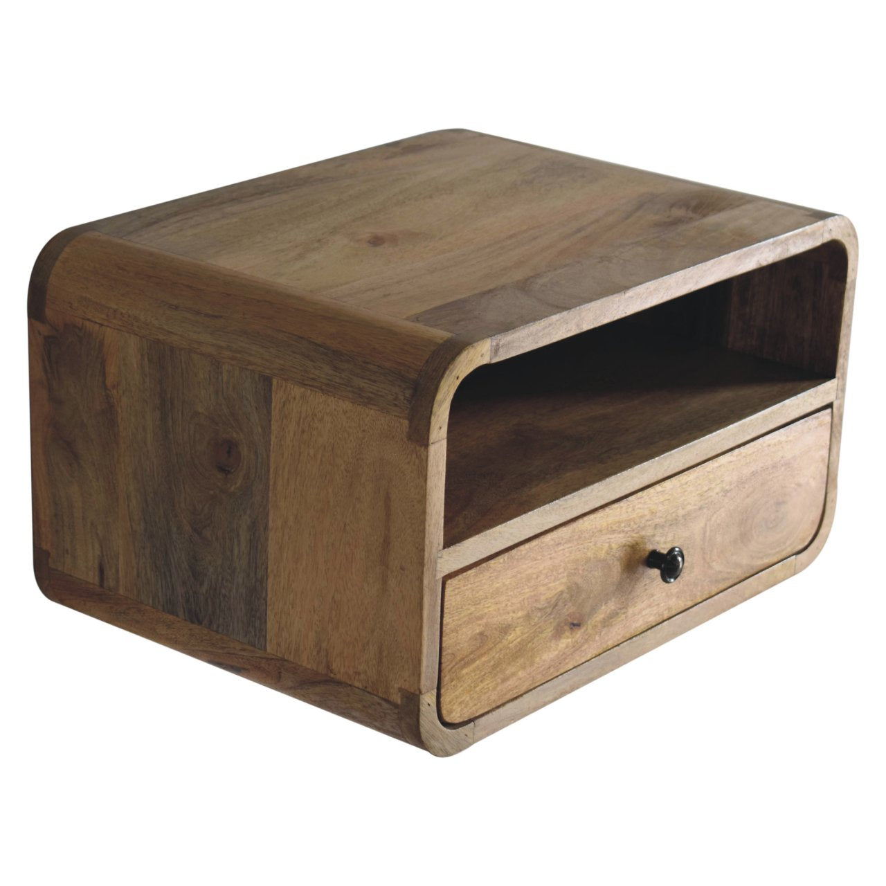 Large Oak-ish Curve Upper Slot Floating Bedside Table | Wall-Mounted