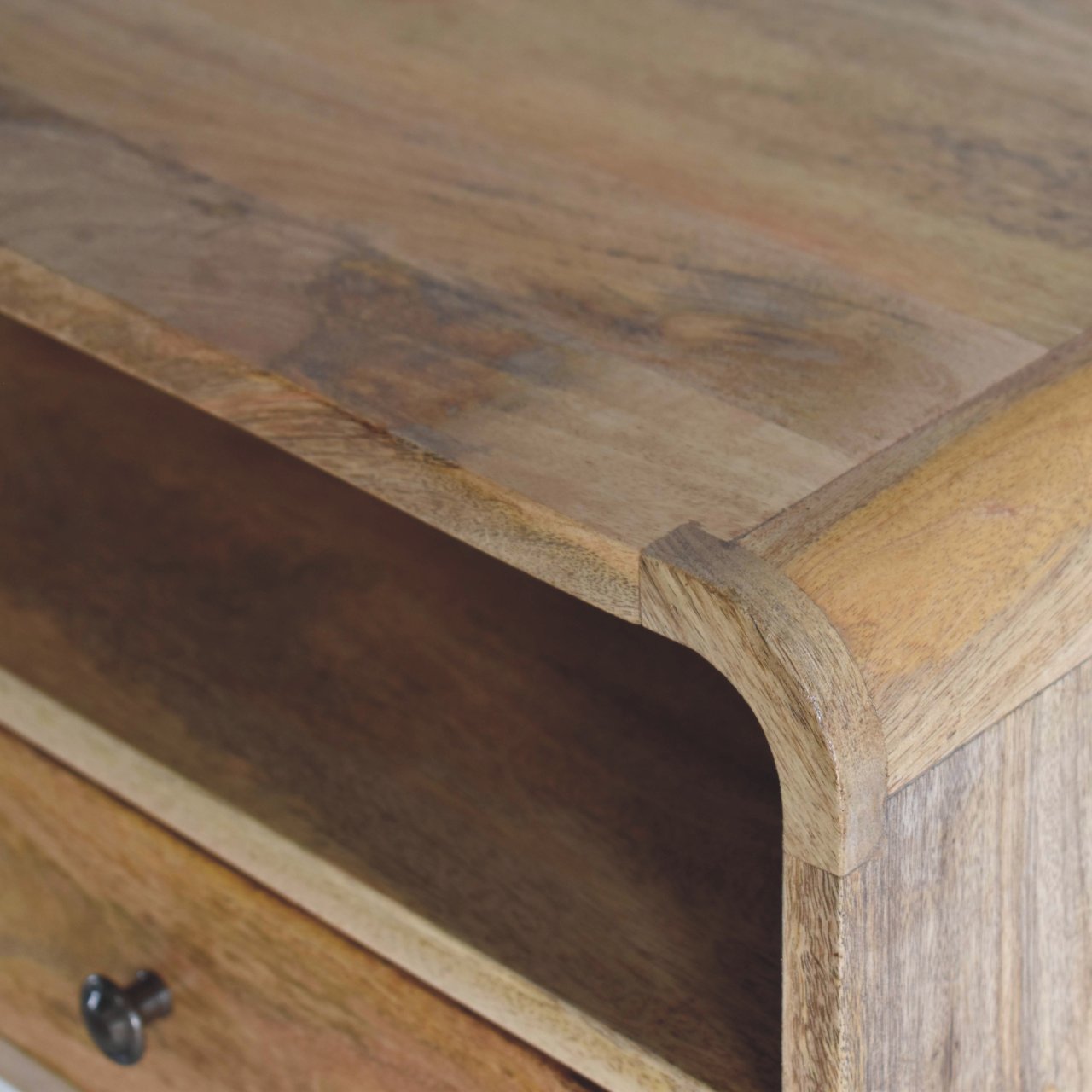 Large Oak-ish Curve Upper Slot Floating Bedside Table | Wall-Mounted