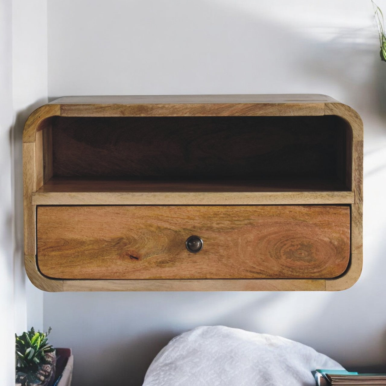 Large Oak-ish Curve Upper Slot Floating Bedside Table | Wall-Mounted