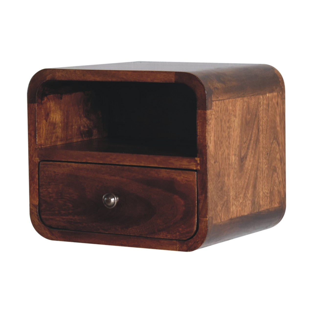 Extra Mini Wall Mounted Curved Chestnut Bedside with Open | Solid Mango Wood