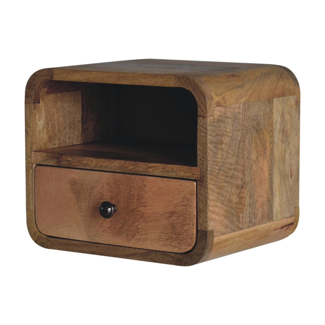 Extra Mini Wall Mounted Curved Oak-ish Bedside with Open Slot | Mango Wood