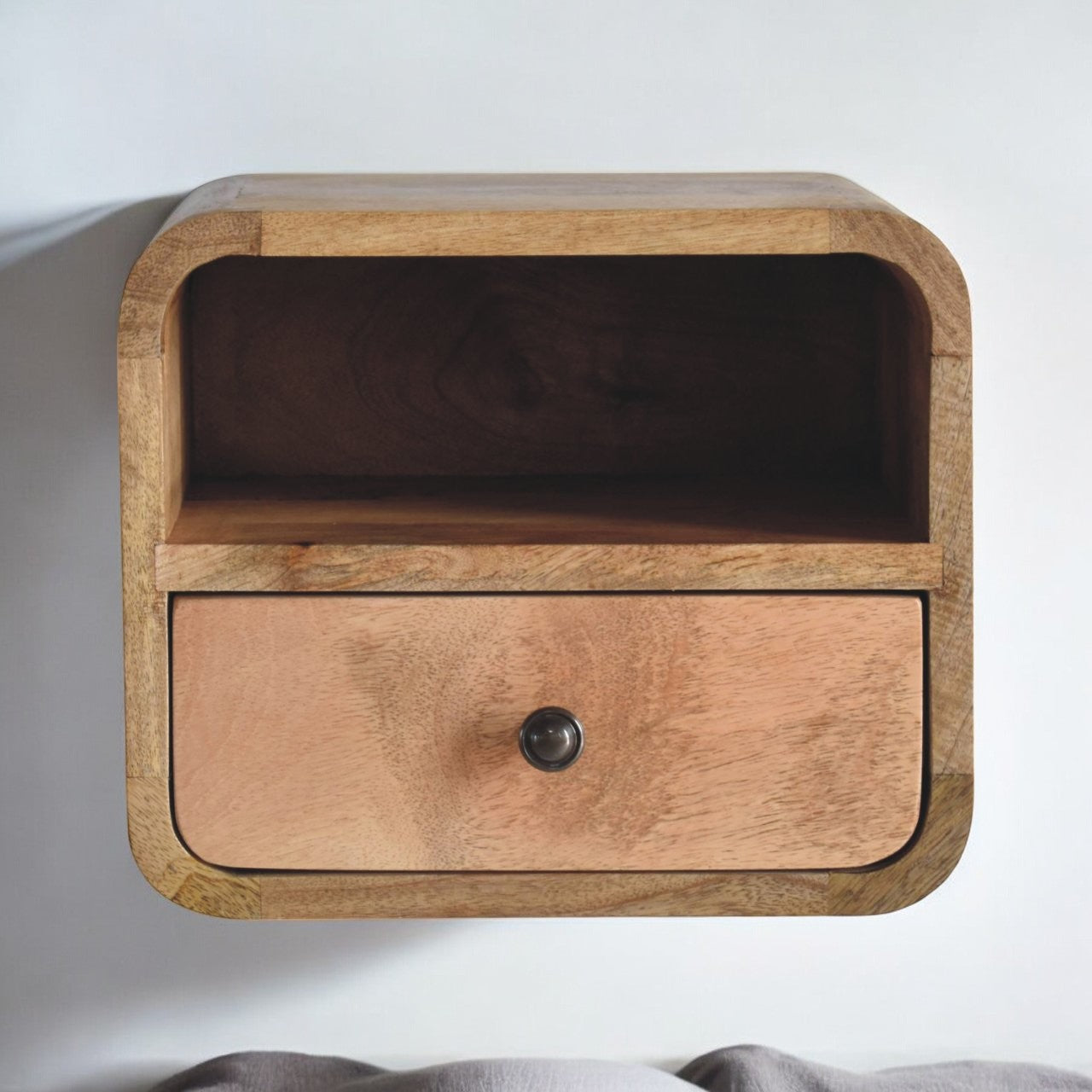 Extra Mini Wall Mounted Curved Oak-ish Bedside with Open Slot