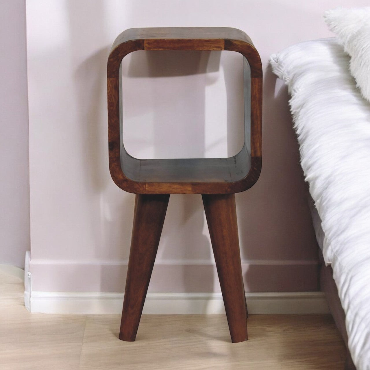 Extra Mini Minimalist Open Curved Chestnut Bedside Table