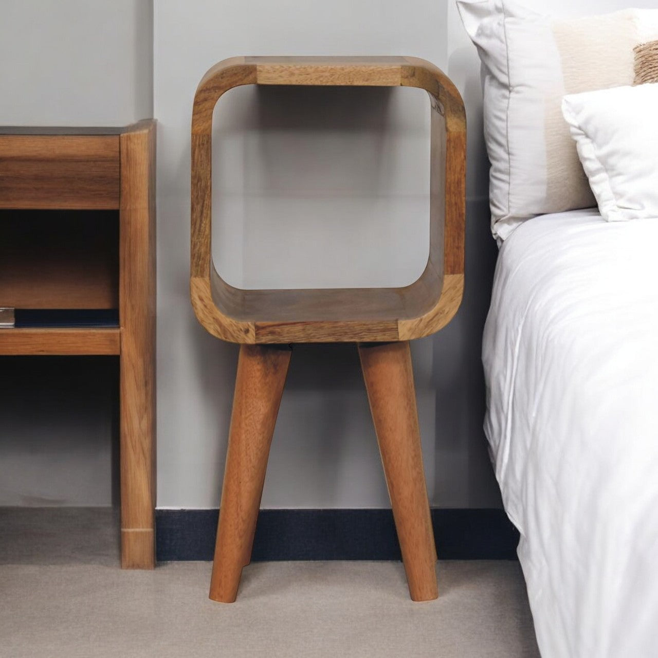 Extra Mini Minimalist Open Curved Oak-ish Bedside Table | Open Shelf