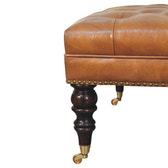Studded Buffalo Tan Leather Ottoman with Castor Legs Storage Bench