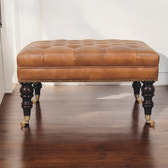 Studded Buffalo Tan Leather Ottoman with Castor Legs Storage Bench