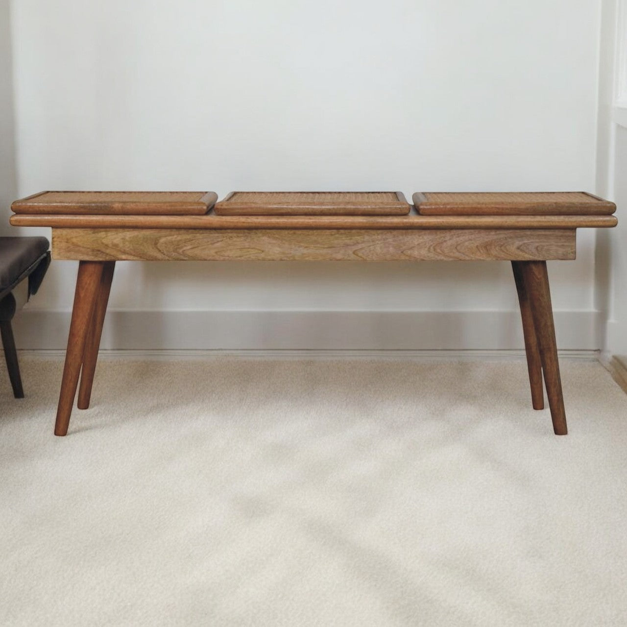 Larissa Triple Accent Oak-ish Cane Bench | Rattan