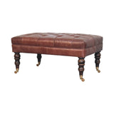 Buffalo Brown Leather Ottoman with Castor Legs Storage Bench | Brass