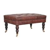 Buffalo Brown Leather Ottoman with Castor Legs Storage Bench | Brass