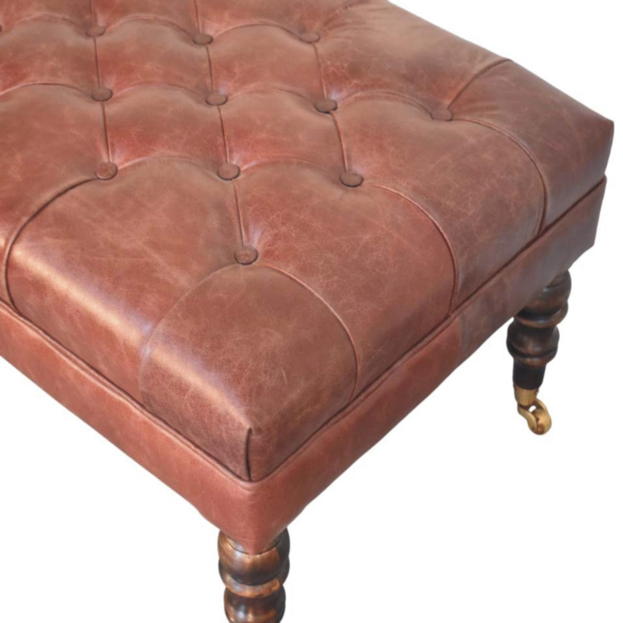 Buffalo Brown Leather Ottoman with Castor Legs Storage Bench | Brass