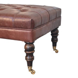 Buffalo Brown Leather Ottoman with Castor Legs Storage Bench | Brass