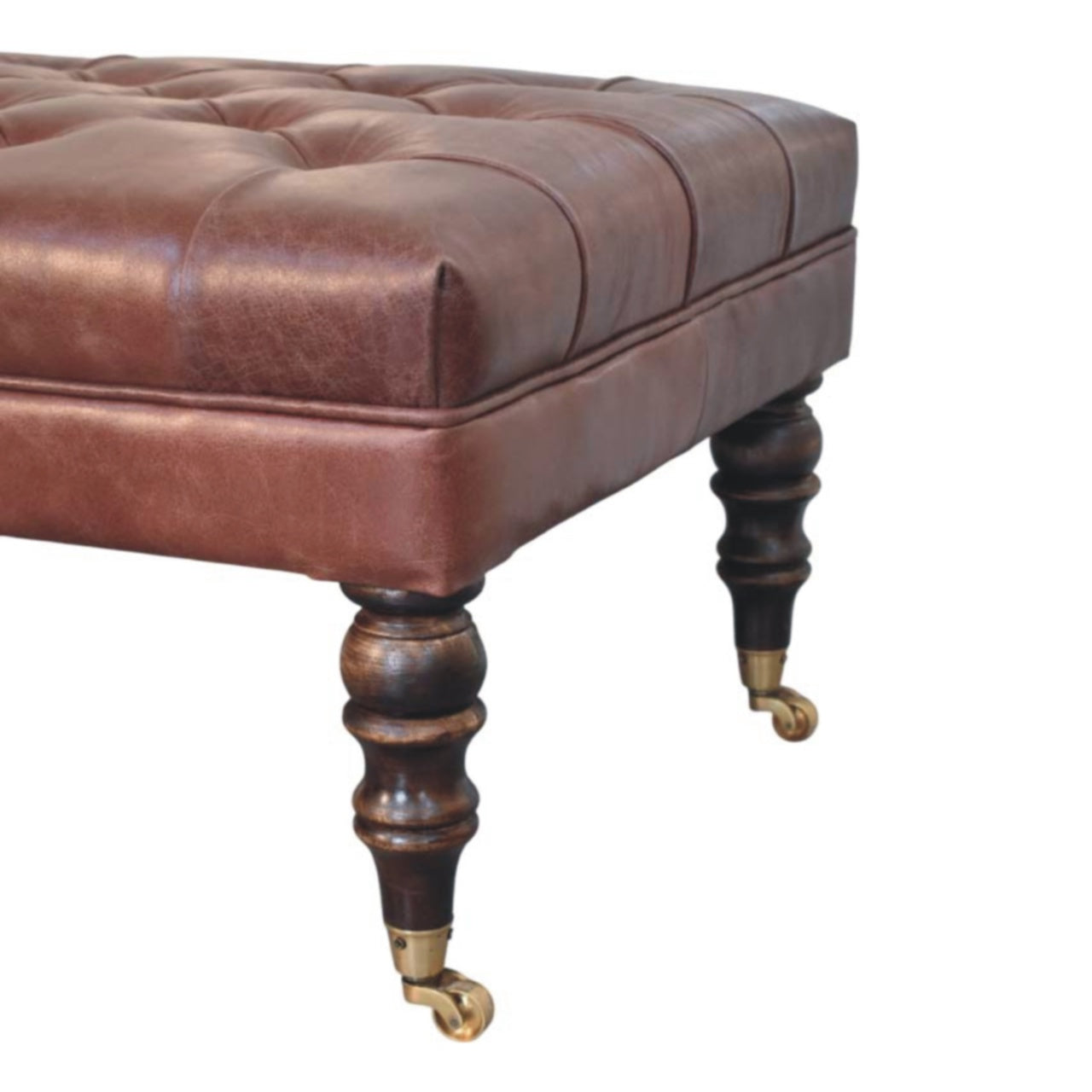 Buffalo Brown Leather Ottoman with Castor Legs Storage Bench | Brass