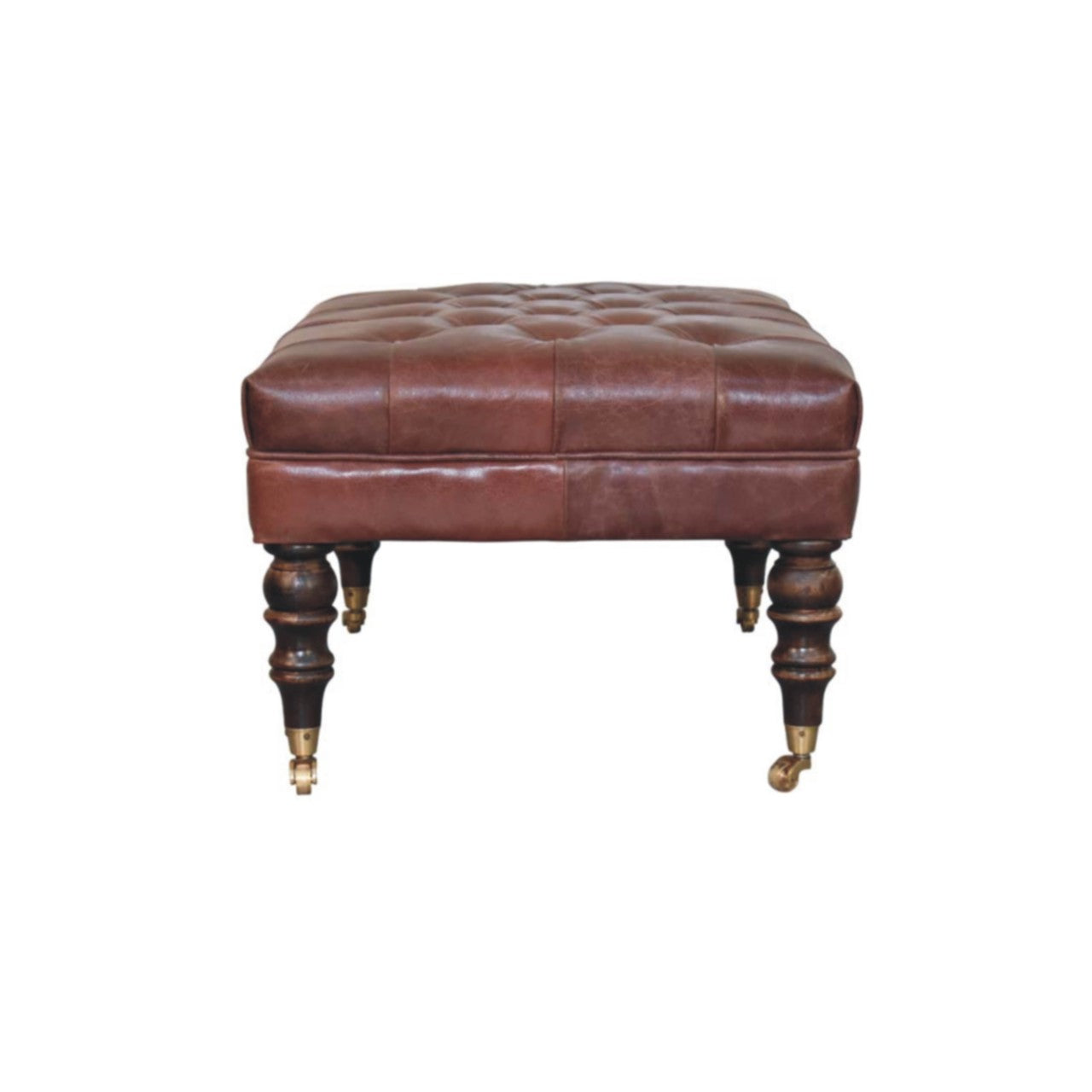Buffalo Brown Leather Ottoman with Castor Legs Storage Bench | Brass