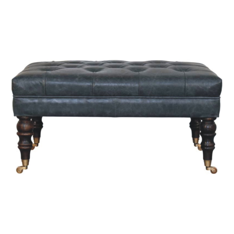 Buffalo Teal Leather Ottoman with Castor Legs Storage Bench | Brass