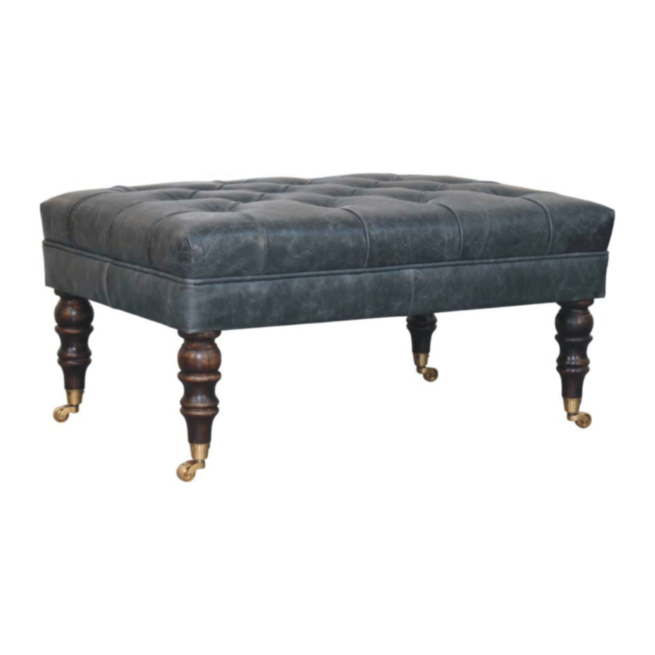 Buffalo Teal Leather Ottoman with Castor Legs Storage Bench | Brass