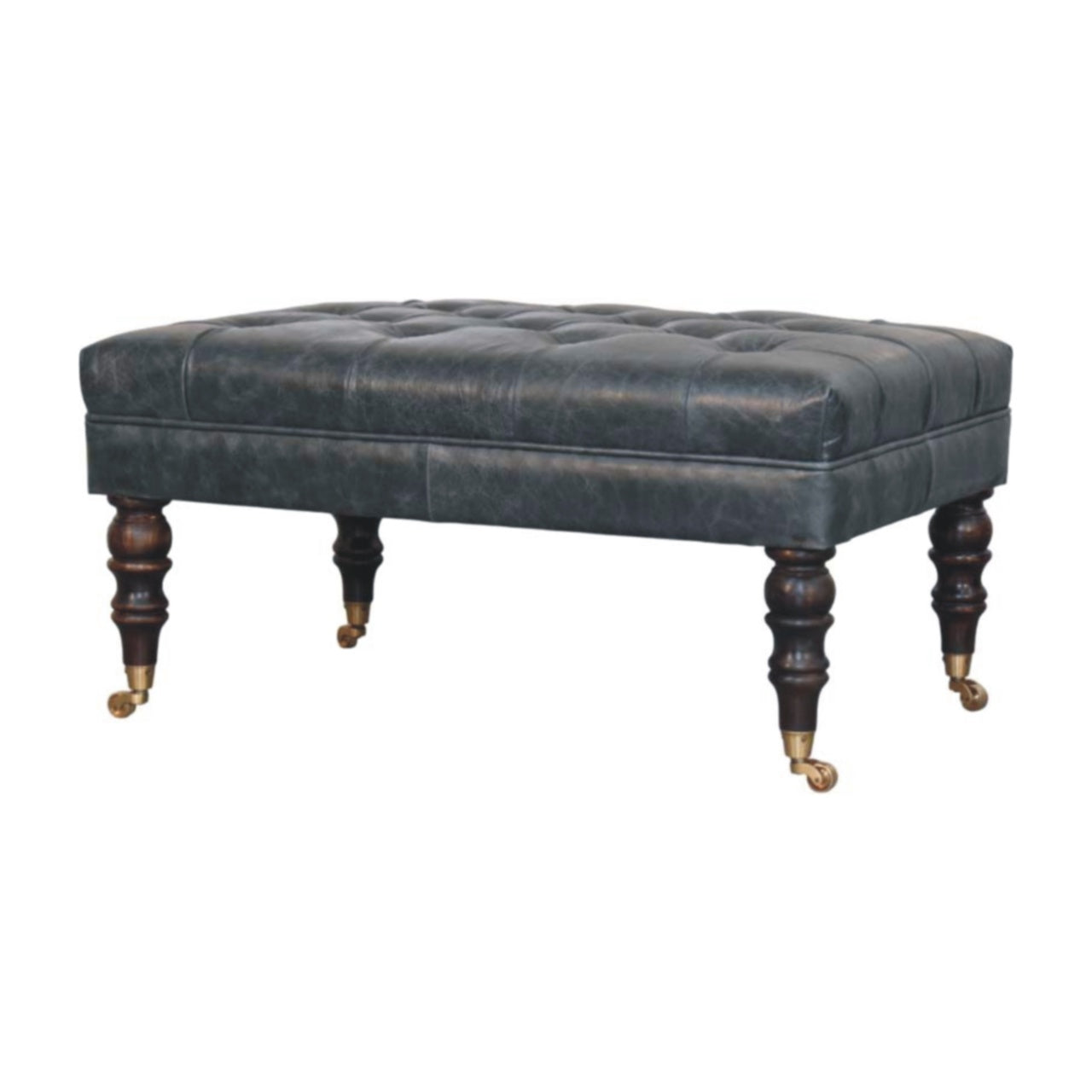 Buffalo Teal Leather Ottoman with Castor Legs Storage Bench | Brass