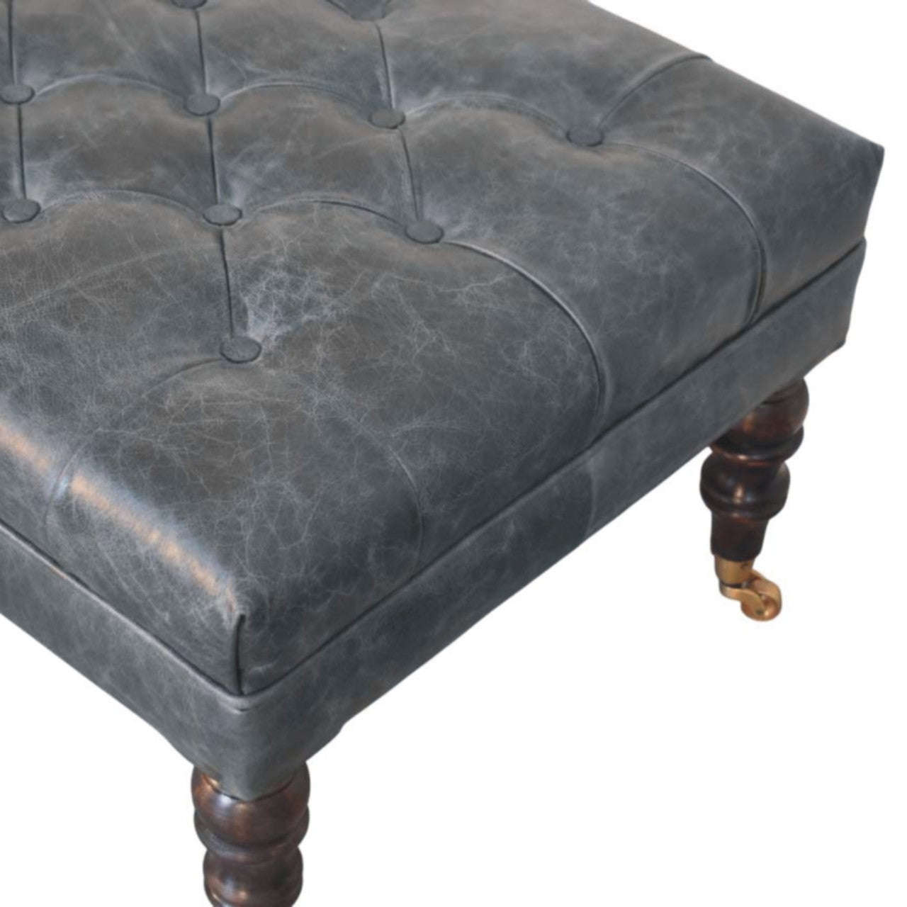 Buffalo Teal Leather Ottoman with Castor Legs Storage Bench | Brass