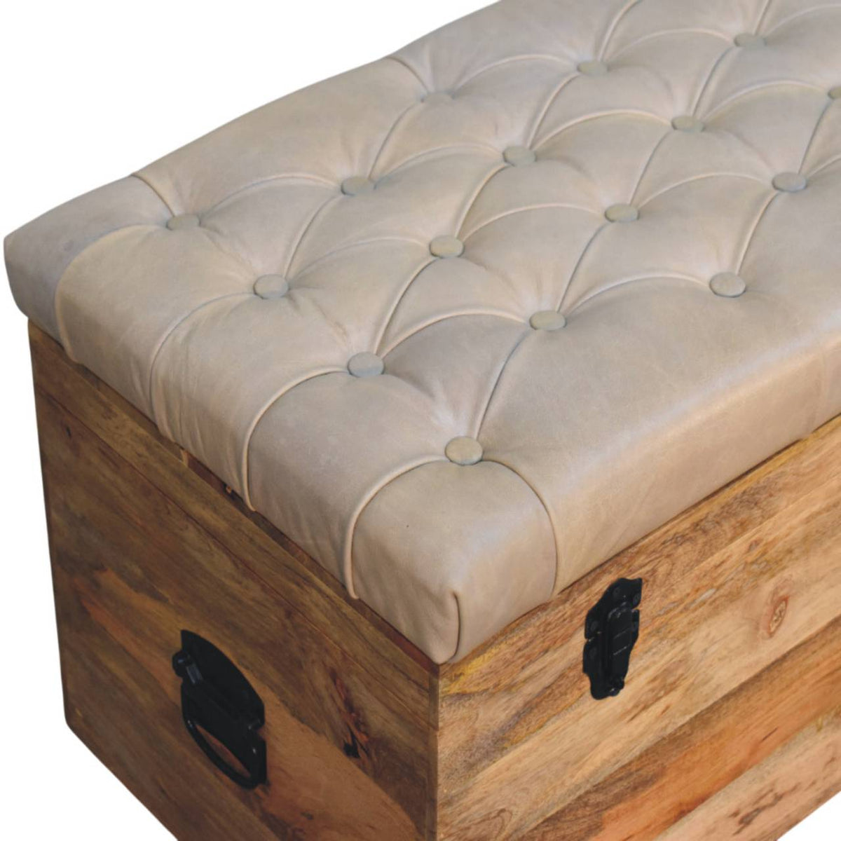 Beige Buffalo hide leather Storage Trunk Storage Bench | Oak-Ish Hidden Storage