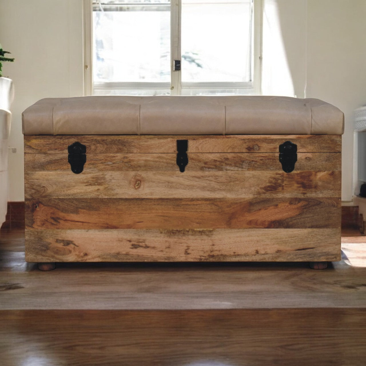Beige Buffalo hide leather Storage Trunk Storage Bench | Oak-Ish Hidden Storage