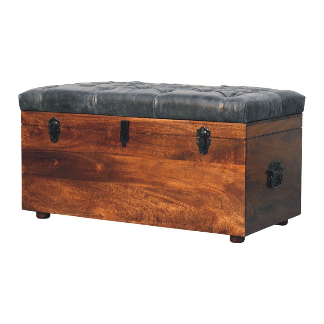 Black Buffalo hide leather Storage Trunk Storage Bench | California Walnut