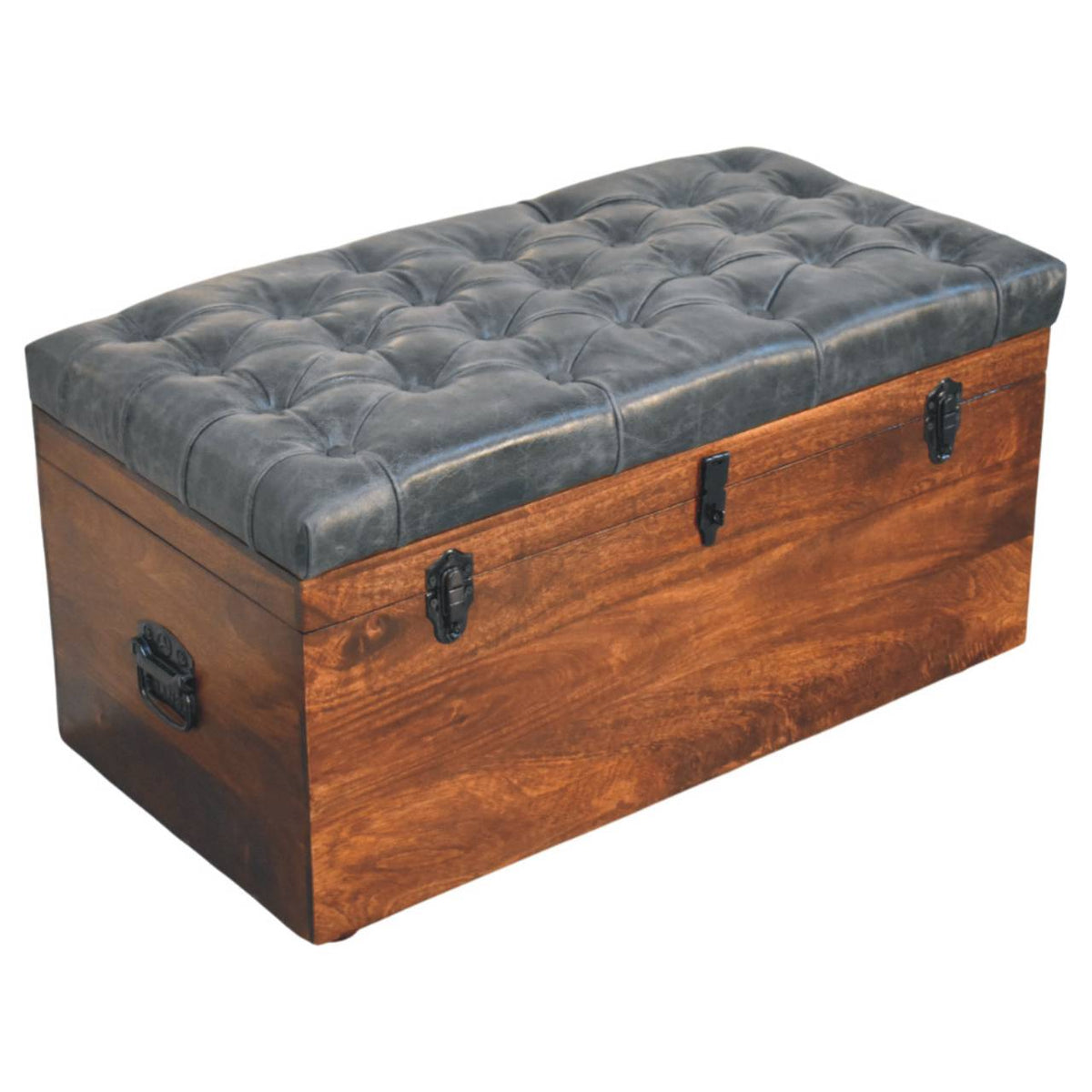 Black Buffalo hide leather Storage Trunk Storage Bench | California Walnut